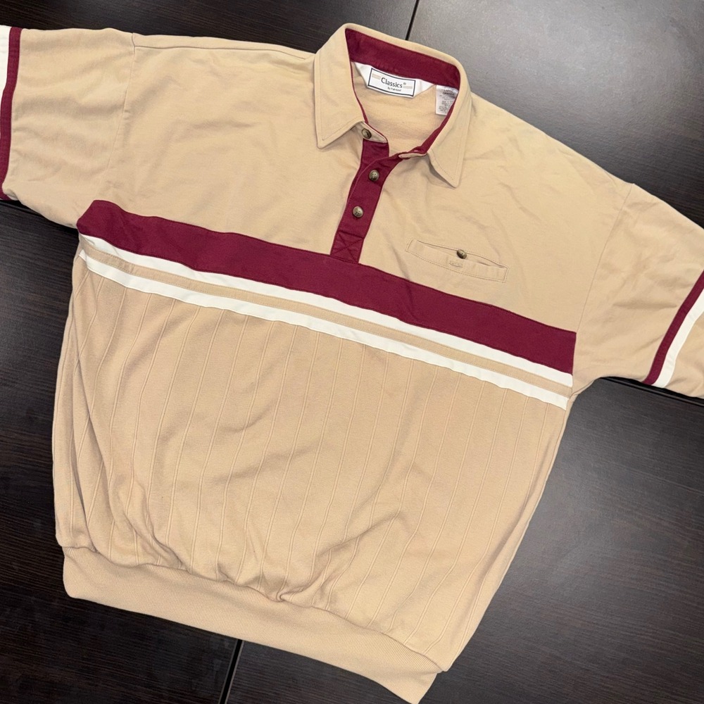 Classics by Palmland Polo Shirt Mens Large Tan 90s Vintage Banded Bottom 6090-6